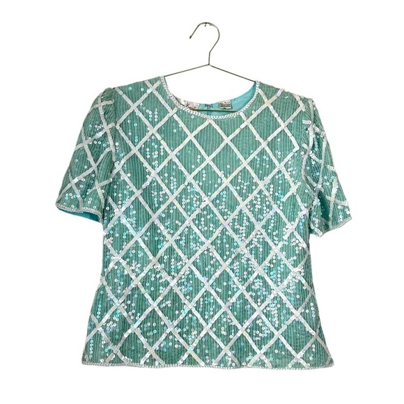Vintage Laurence Kazar 100% Silk Mermaid Green Sequin Blouse Size PM - Picture 1 of 4
